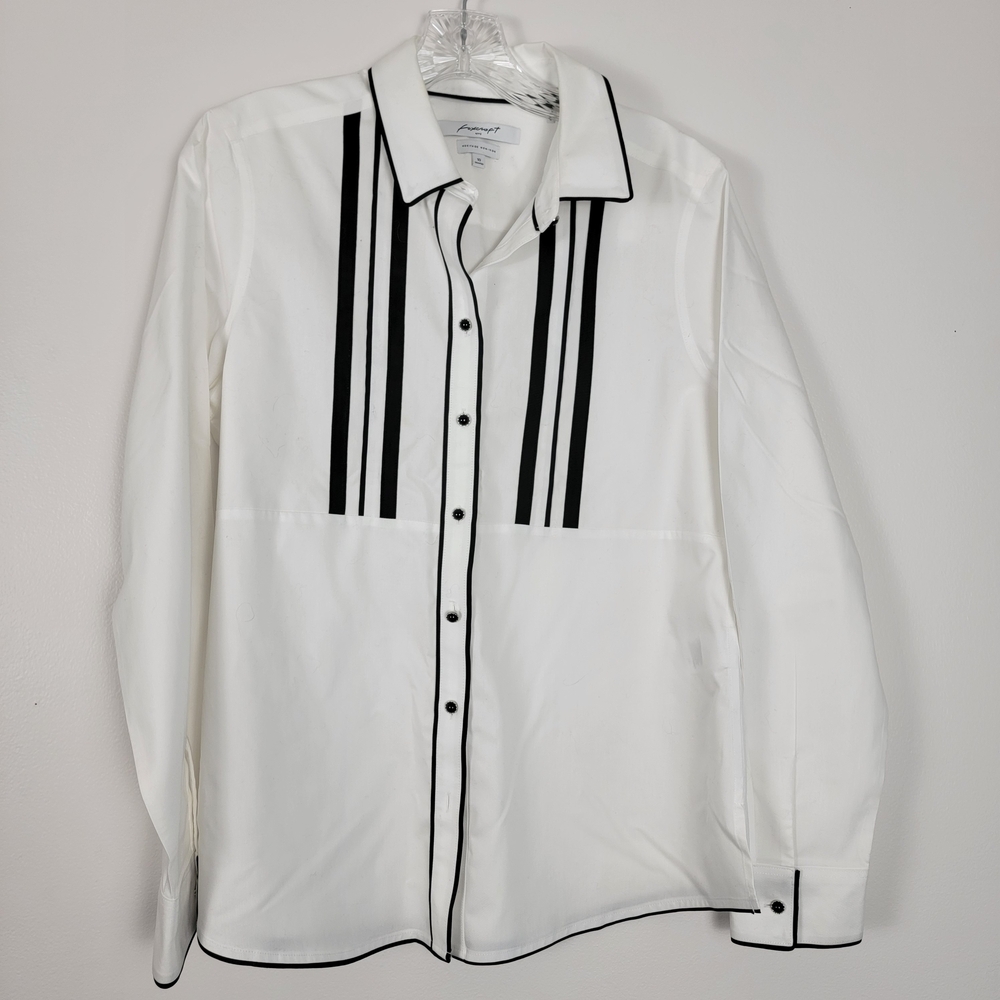 Foxcroft White Blouse Black Accents Crisp Cotton Shirt 10 Wrinkle Free Office